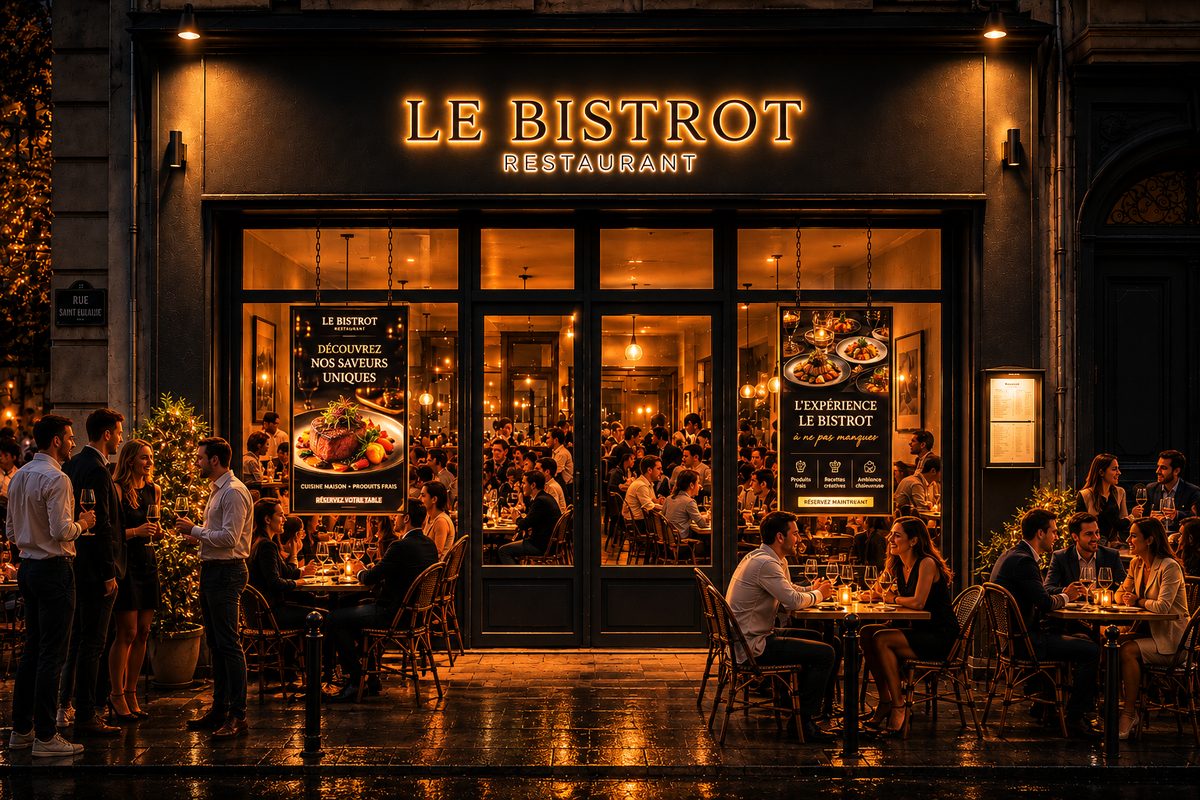 Vitrine du restaurant Le Bistrot avec panneaux LED Siripix éclairés