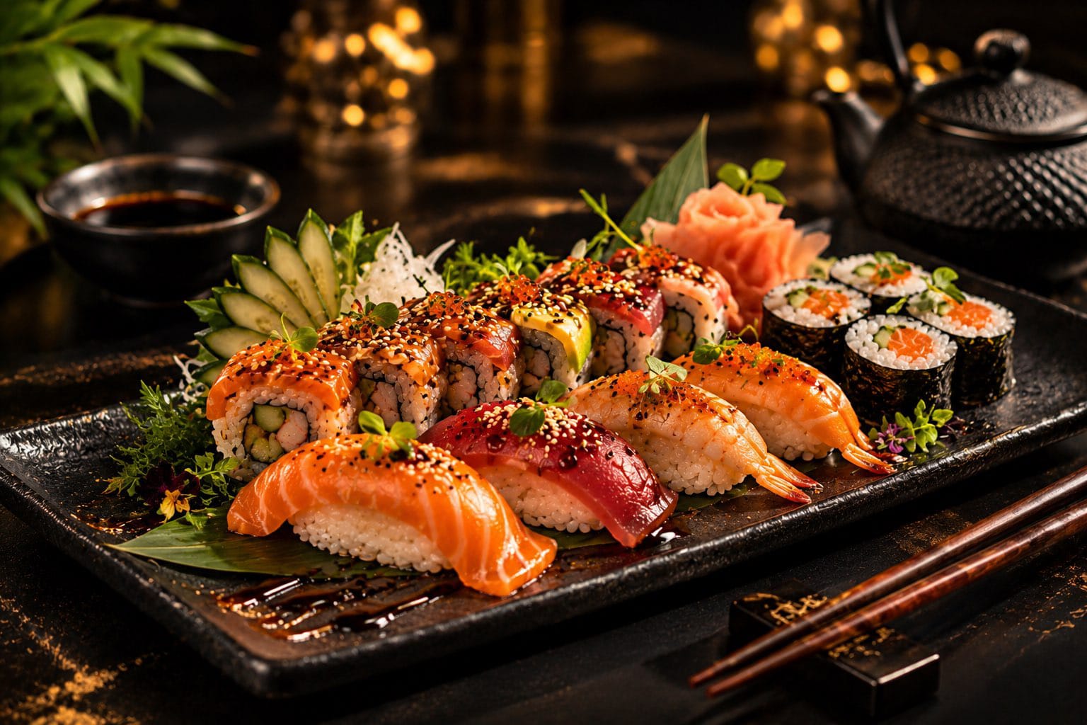 Plateau de sushis premium — création visuelle Siripix pour restaurant japonais