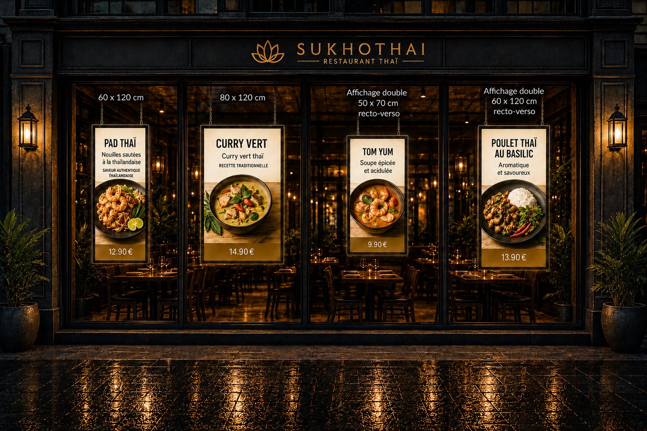 Restaurant Sukhothai avec 4 panneaux LED suspendus en vitrine